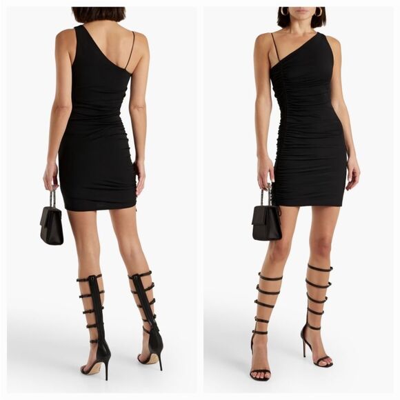 ALICE + OLIVIA Binnie Asymmetric Ruched Jersey Mini dress in Black Size 2 NWT - Picture 1 of 5